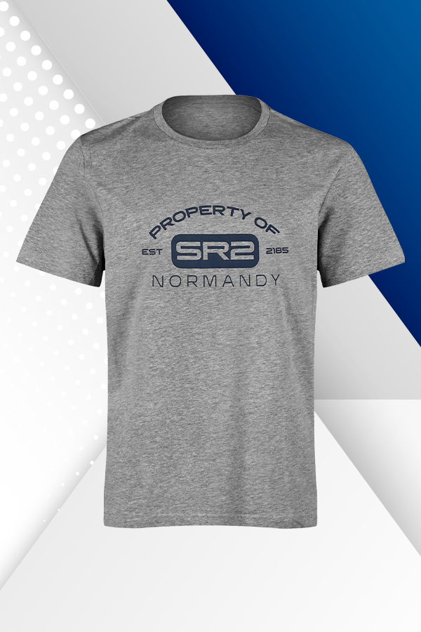 Image shows Mass Effect SR-2 Crew Member Lounge Set's Grey Crew Neck Shirt facing front. Shirt is made with 60% Gray Heather Cotton and 40% Polyester Jersey.