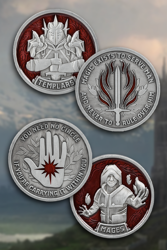 Image shows Dragon Age Mage-Templar War Coin Set facing front. This Dragon Age Mage-Templar War Coin Set features two coins. Pick the one that you side with and then the other during your rerun of the game. The coins come in a brilliant handmade wooden box, with felt inner lining and a colored art print that depicts the heart of the battle.